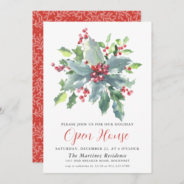 Classic Holly Berry Greenery Holiday Open House Invitation (Front/Back)