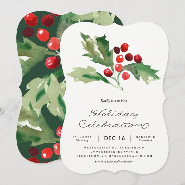 Classic Holly Berry Holiday Party Invitation (Front/Back)