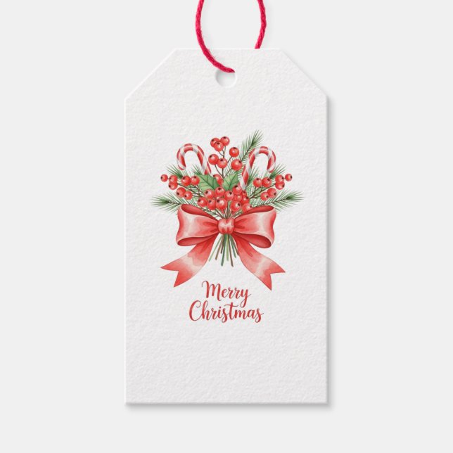 Classic Holly Candy Cane Christmas Bow Gift Tag (Front)