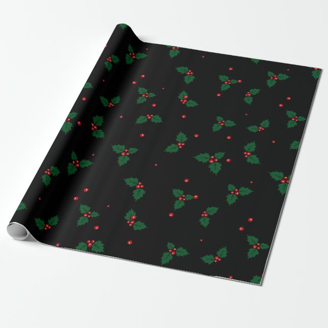 Classic holly leaves and berries Christmas pattern Wrapping Paper (Unrolled)