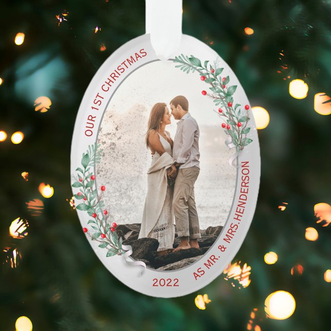 Classic Holly Pine Silver Frame Photo Newlyweds Ornament (Creator Uploaded)