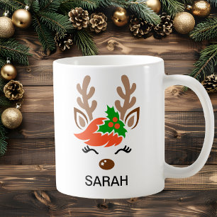 Classic Holly Reindeer Face Custom Name Holiday Coffee Mug