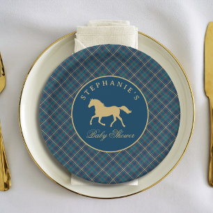 Classic Horse Equestrian Tartan Plaid  Baby Shower Paper Plate