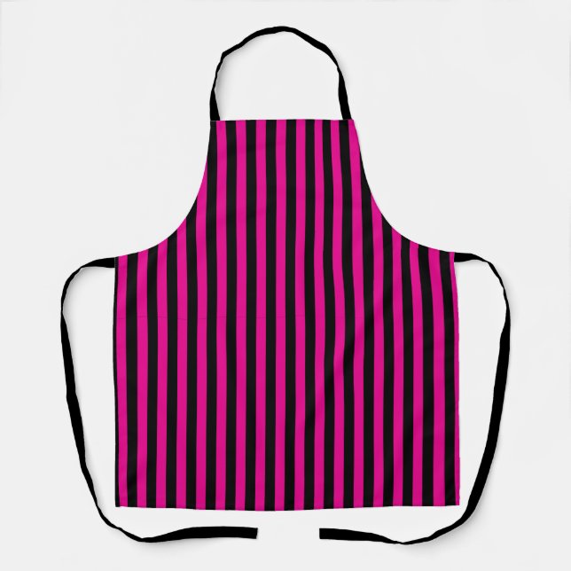 Classic Hot Pink Magenta & Black Vertical Stripes Apron (Front)