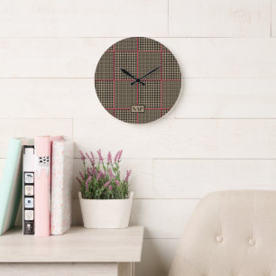 Classic Houndstooth Black Taupe Hot Pink Check Large Clock