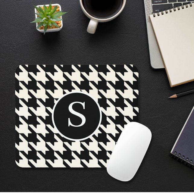 Classic Houndstooth Black & White Monogram Mouse Mat (Creator Uploaded)