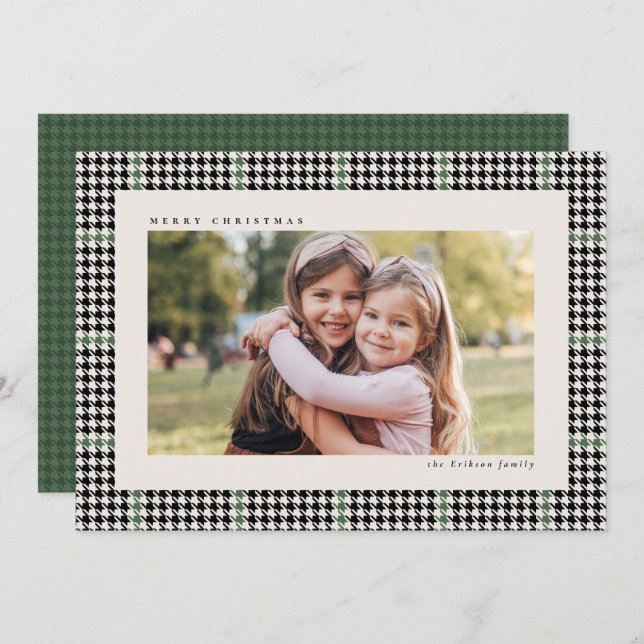 Classic houndstooth frame black green one photo holiday card (Front/Back)