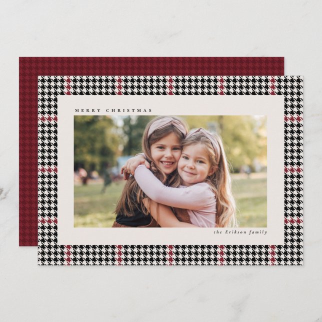 Classic houndstooth frame red black one photo holiday card (Front/Back)