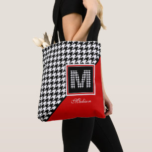 Classic Houndstooth Monogram in Red Black White Tote Bag