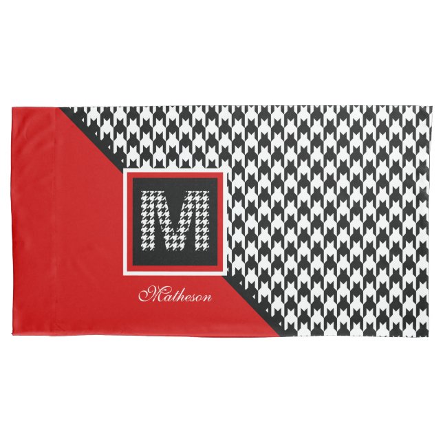 Classic Houndstooth & Monogram | Red Black White Pillowcase (Front-Left)
