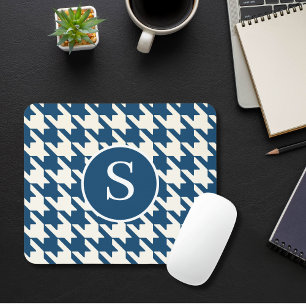 Classic Houndstooth Pattern Blue & White Monogram Mouse Mat