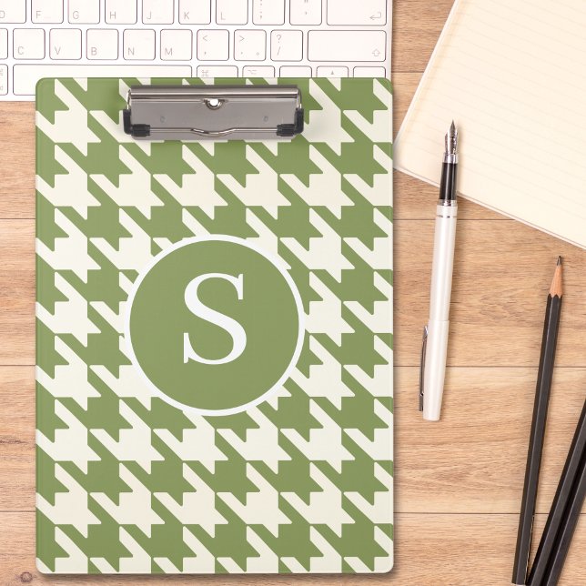 Classic Houndstooth Sage Green & White Monogram Clipboard (Creator Uploaded)