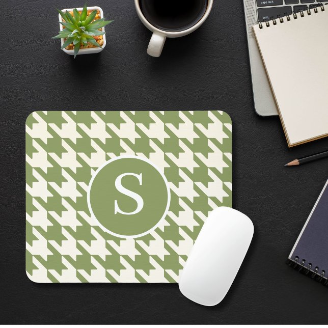 Classic Houndstooth Sage Green & White Monogram Mouse Mat (Creator Uploaded)