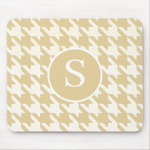 Classic Houndstooth Tan Beige & White Monogram Mouse Mat