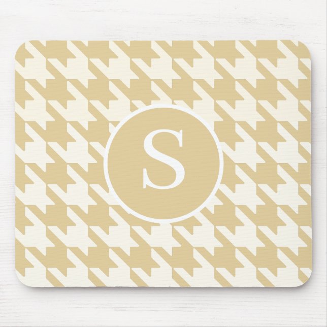 Classic Houndstooth Tan Beige & White Monogram Mouse Mat (Front)