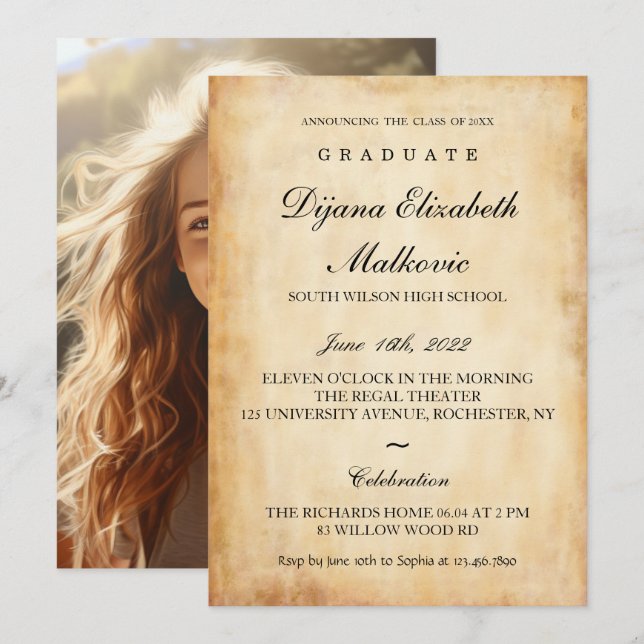 Classic I Old Paper Graduation Invitation (Front/Back)