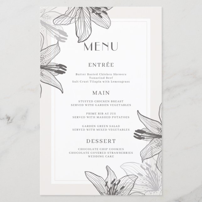 Classic Illustrated Floral Lilies Menu Cards (Front)