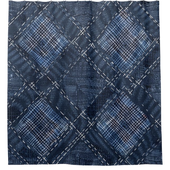 Classic Indigo Diamond Stitch Denim Pattern Shower Curtain (Front)