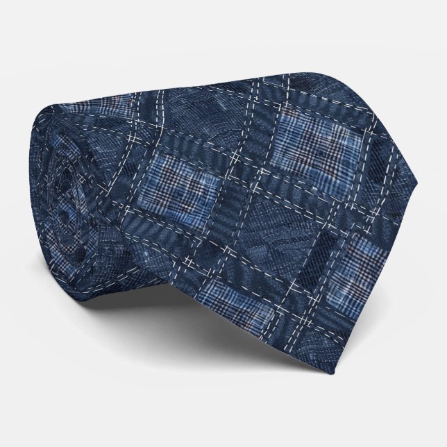 Classic Indigo Diamond Stitch Denim Pattern Tie (Rolled)
