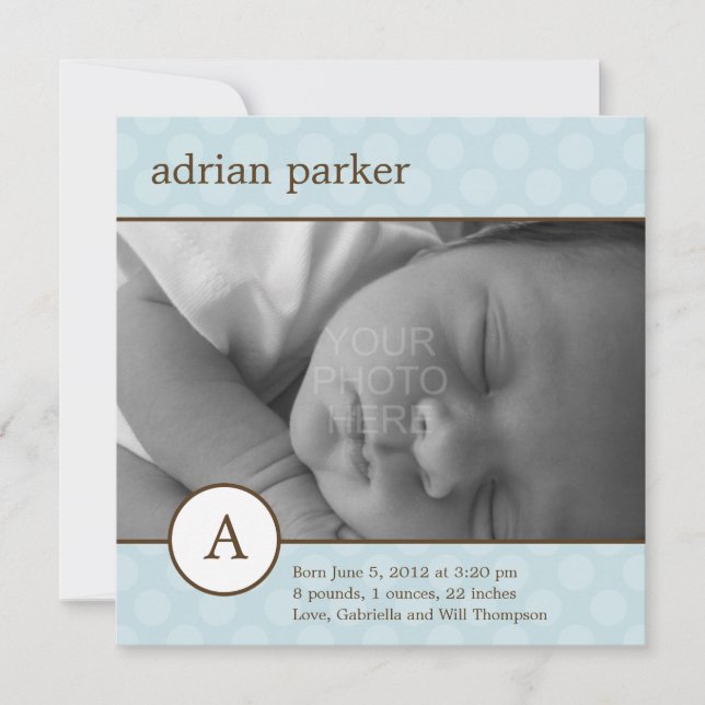 Classic Initial Baby Boy Birth Announcement (Front)