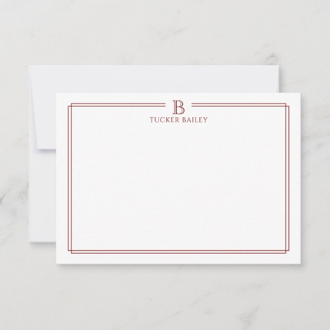 Classic Initial Monogram Red Border Stationery Card (Front)