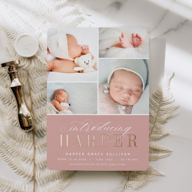 Classic Introduction Foil Photo Birth Announcement (Creator Uploaded)