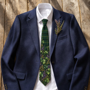 Classic Irish Hunter Green Tartan Plaid & Shamrock Tie