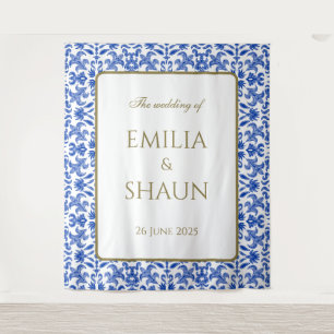 Classic Italian Blue and White Wedding Backdrop Tapestry