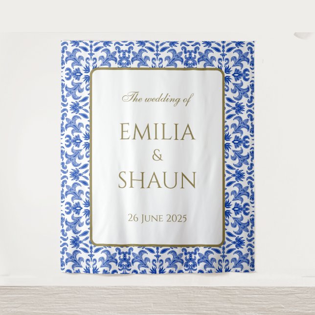 Classic Italian Blue and White Wedding Backdrop Tapestry (Front)