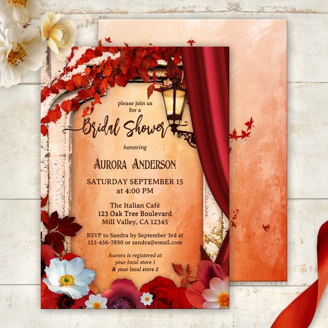 Classic Italian Boho Bridal Shower Invitation (Italian bridal shower invitation featuring festive red flowers on a Roman arch with lantern)