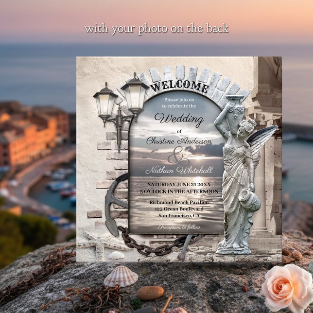 Classic Italian Nautical Photo Wedding Invitation (Italian wedding invitation with a nautical theme, featuring a coastal scene with angel and lanterns)