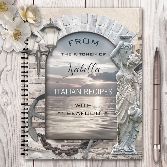 Classic Italian Nautical Seafood Recipe Notebook (Seafood recipe notebook with an Italian nautical theme with a Roman arch and angel)