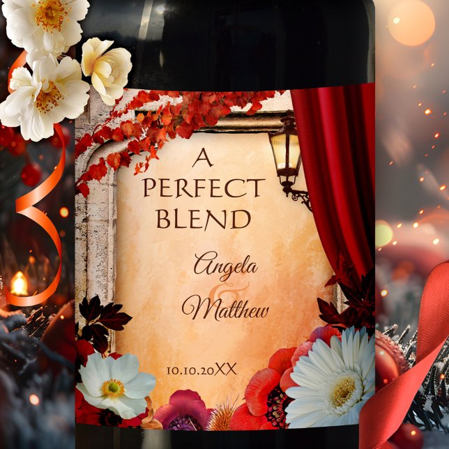 Classic Italian Style Fall Wedding Wine Label (Elegant Italian wine label featuring colorful fall leaves and a festive lantern with flowers)
