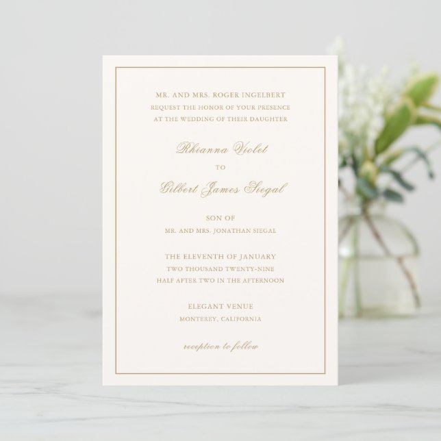 Classic Ivory and Gold Border Timeless Wedding Invitation (Standing Front)