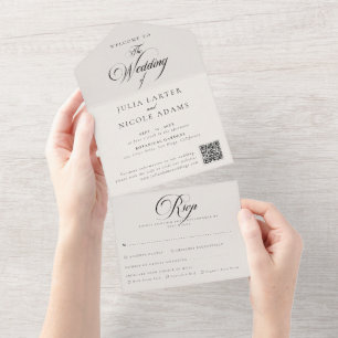 Classic Ivory Black Calligraphy QR Code Wedding All In One Invitation