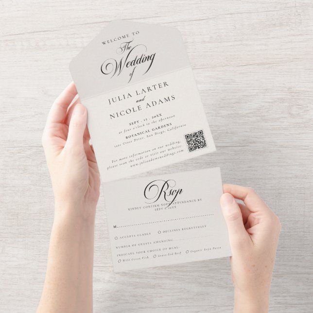 Classic Ivory Black Calligraphy QR Code Wedding  All In One Invitation (Tearaway)