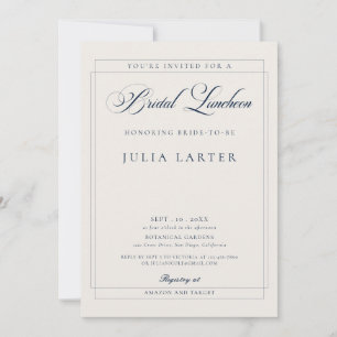Classic Ivory Blue Calligraphy Bridal Luncheon Invitation