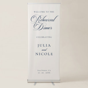 Classic Ivory Blue Calligraphy Rehearsal Dinner Retractable Banner