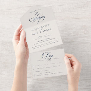 Classic Ivory Blue Calligraphy Wedding All In One Invitation
