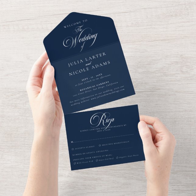 Classic Ivory Blue Calligraphy Wedding All In One Invitation (Tearaway)