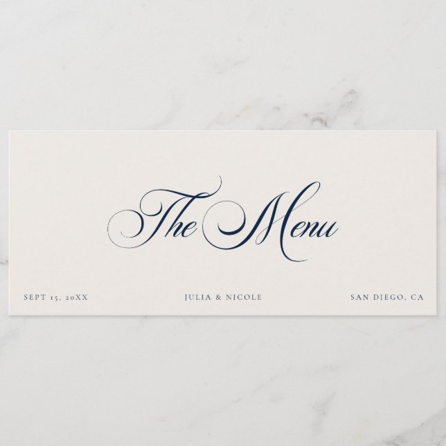 Classic Ivory Blue Wedding Guest Menu Cards (Front)