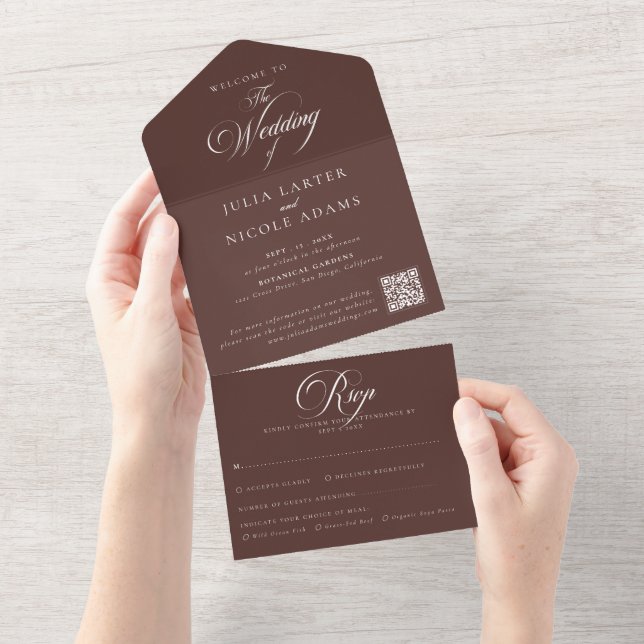 Classic Ivory Brown Calligraphy QR Code Wedding  All In One Invitation (Tearaway)