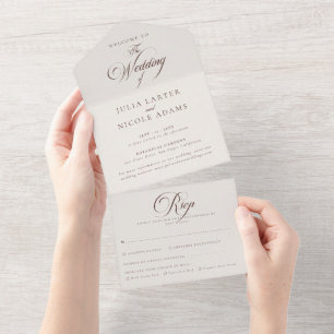Classic Ivory Brown Calligraphy Wedding All In One Invitation