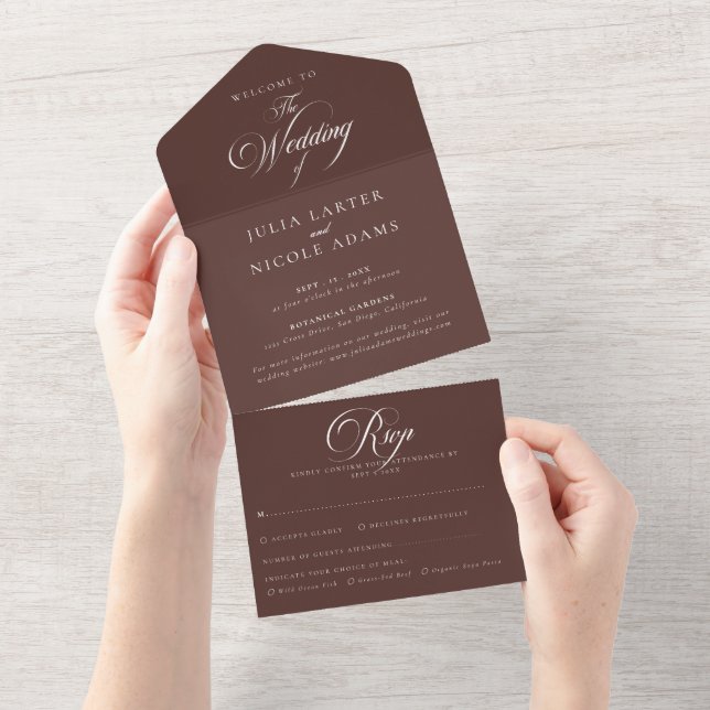 Classic Ivory Brown Calligraphy Wedding All In One Invitation (Tearaway)