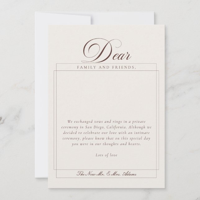 Classic Ivory Brown Calligraphy Wedding Elopement Invitation (Front)