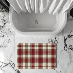 Classic Ivory Brown Rust Red Plaid Pattern Bath Mat