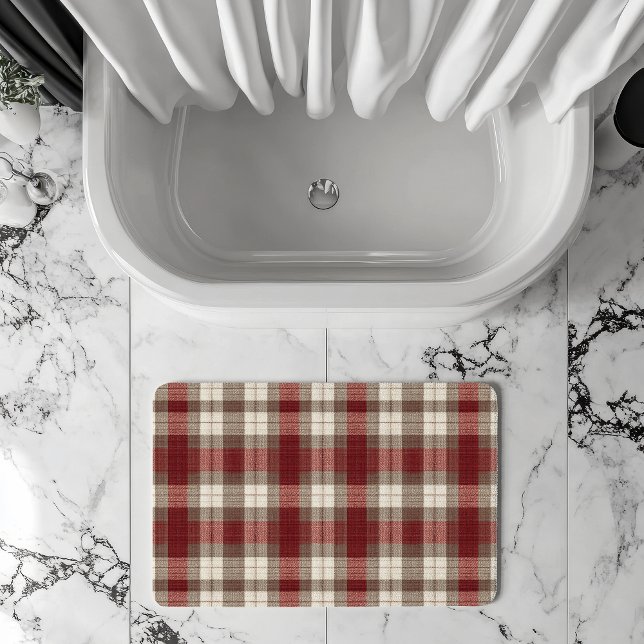 Classic Ivory Brown Rust Red Plaid Pattern Bath Mat (Creator Uploaded)