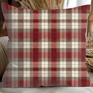 Classic Ivory Brown Rust Red Plaid Pattern Cushion