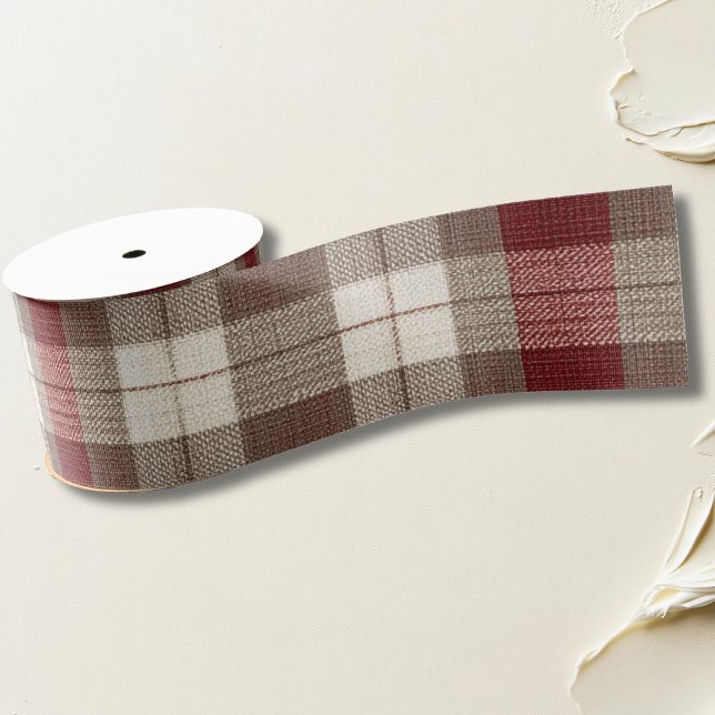 Classic Ivory Brown Rust Red Plaid Pattern Grosgrain Ribbon (Creator Uploaded)
