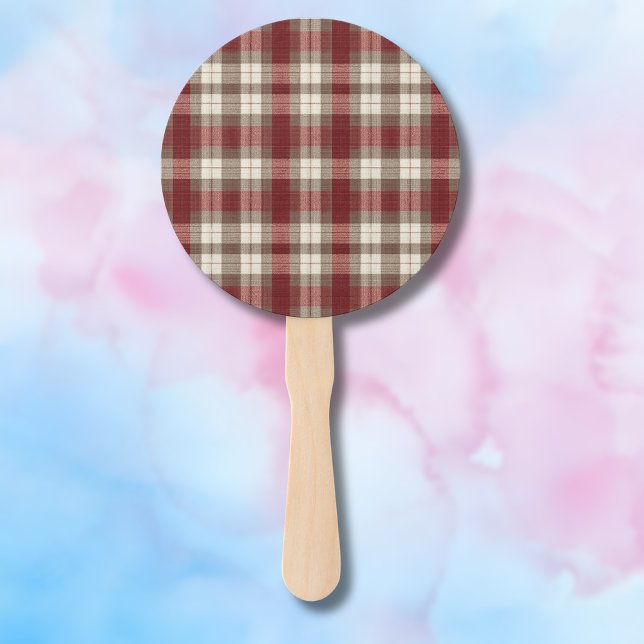 Classic Ivory Brown Rust Red Plaid Pattern Hand Fan (Creator Uploaded)